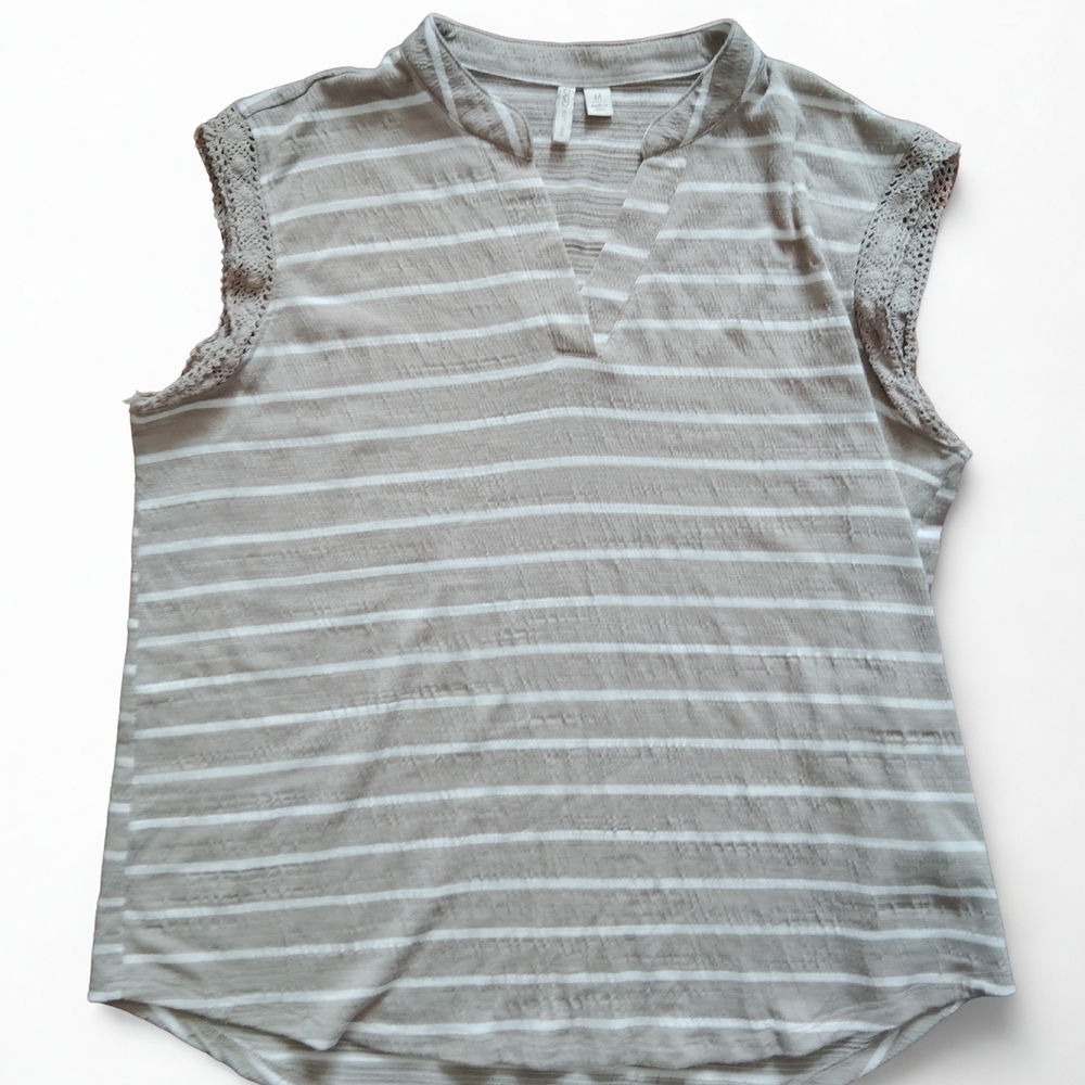 Cato Light Tan & White Striped Sleeveless Tank with Lace Trim